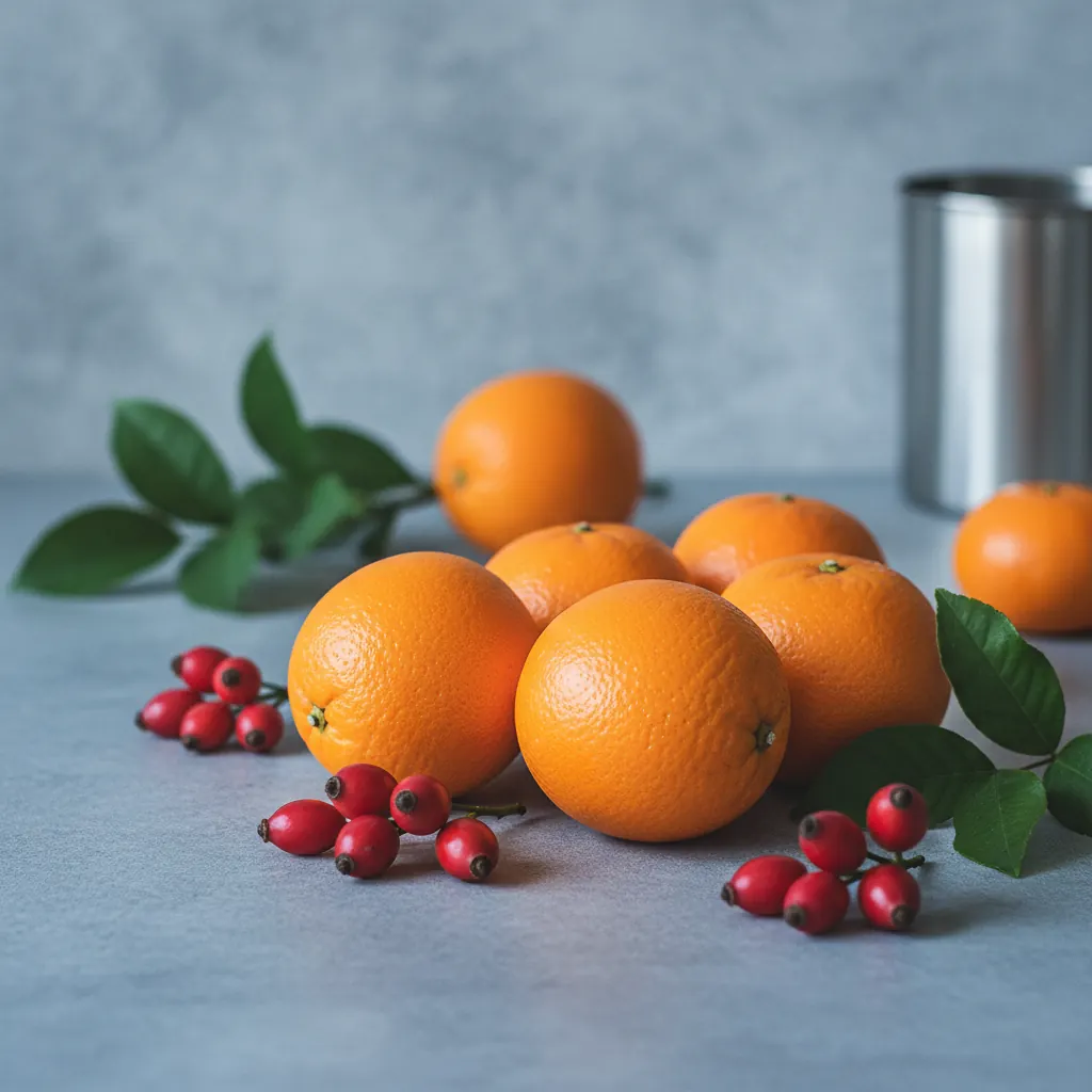 Fresh oranges, rosehip berries and green leaves on a light stone kitchen surface