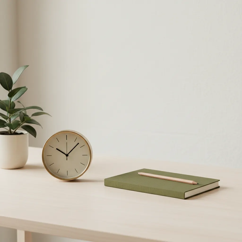 Minimalistisch bureau met een analoge klok, een notitieboekje en een potlood, geen schermen zichtbaar