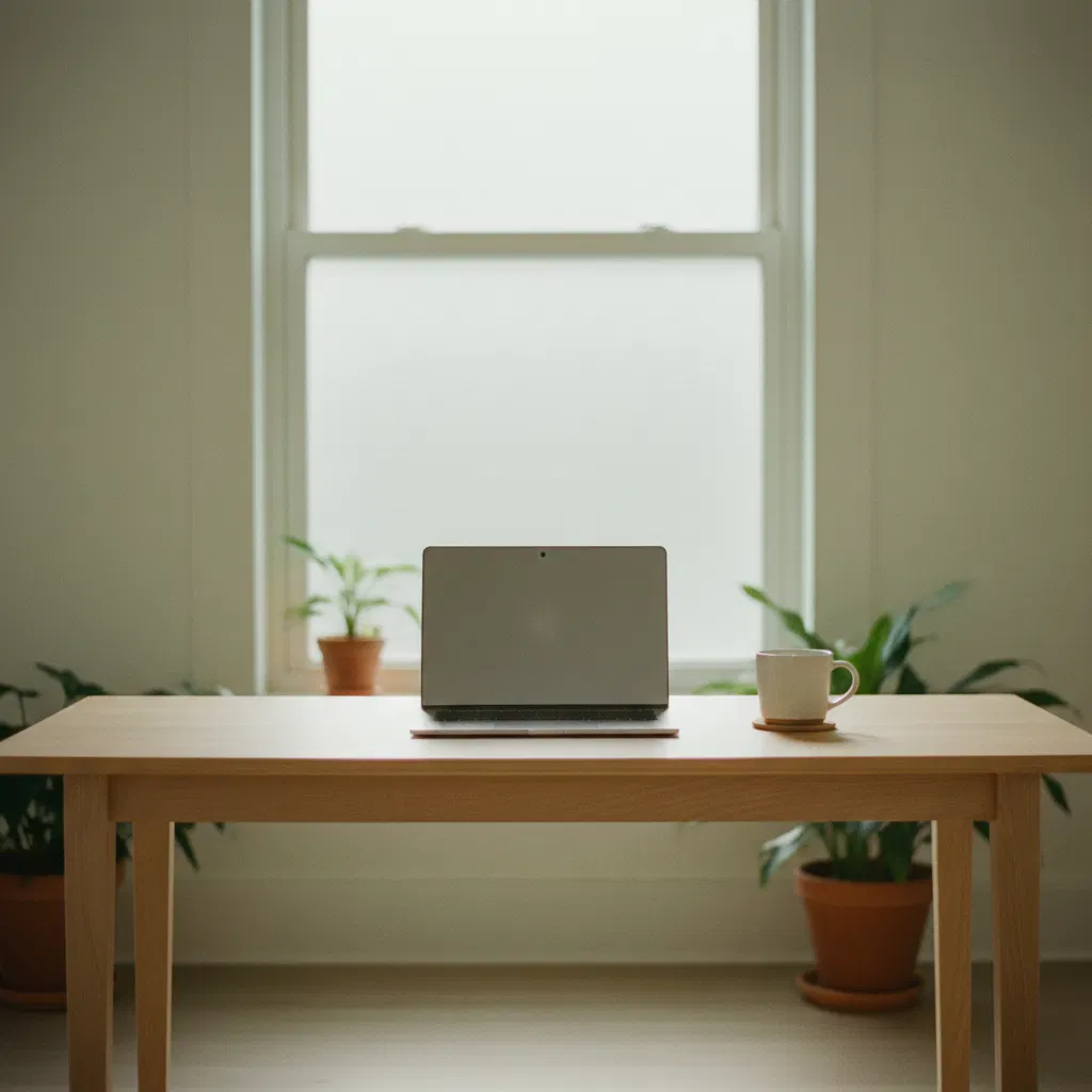 Rustige houten tafel met een gesloten laptop en een kopje thee in een minimalistische ruimte