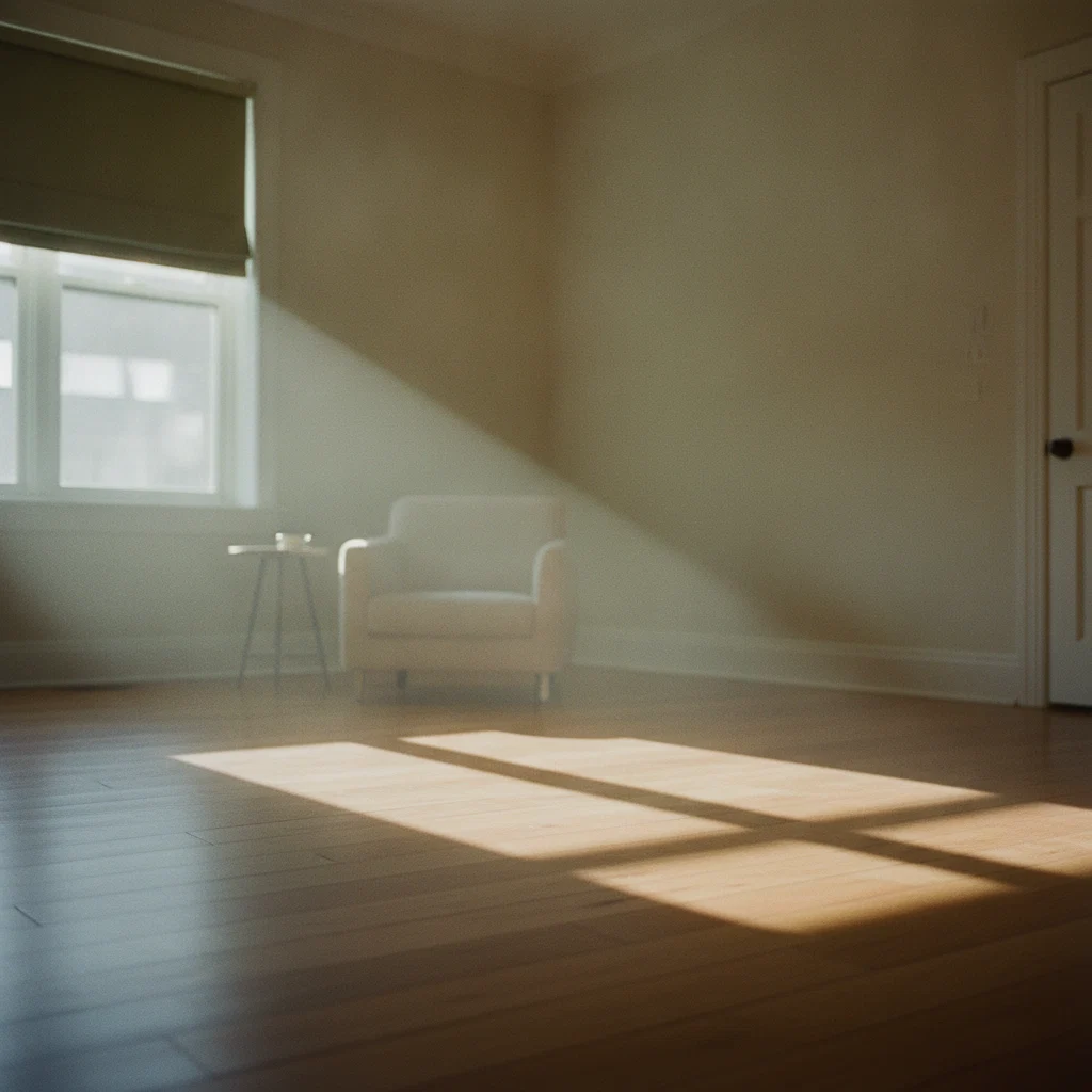 Zonlicht valt door een half open rolgordijn op een houten vloer in een stille kamer